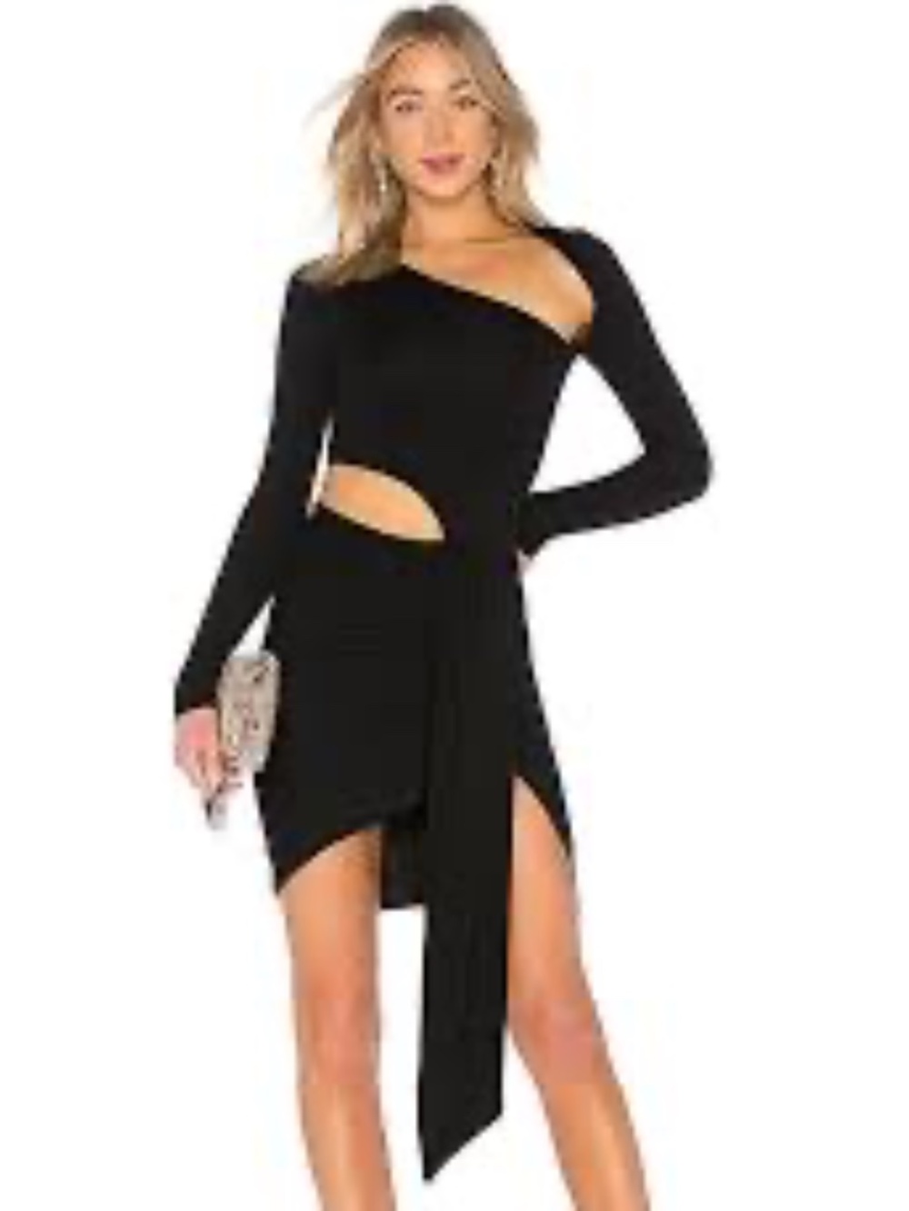 NBD Black Long Sleeve Cut Out Asymmetric Dress Draped Hem